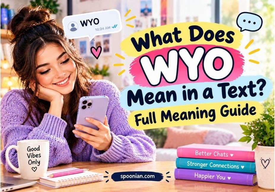 Cute illustrated guide explaining what WYO means in a text, featuring a woman using a smartphone, a “WYO” chat message, and colorful texting-themed elements.