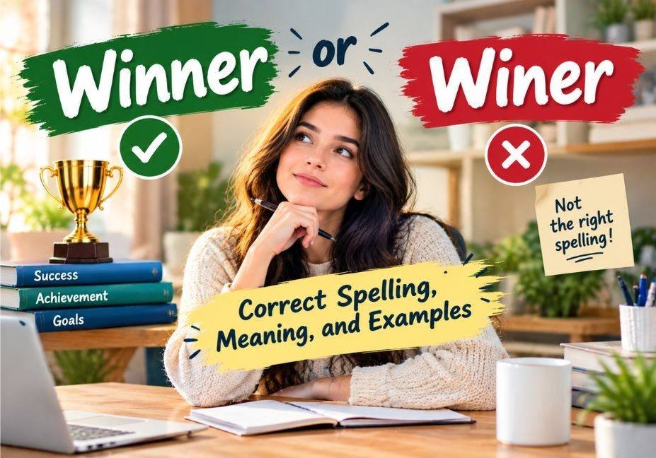 Winner or Winer? Correct Spelling, Meaning, and Examples featuring a woman comparing the spellings Winner and Winer with a trophy, green checkmark, and red cross.