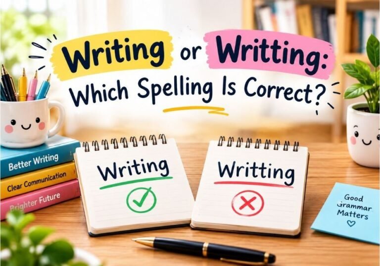 Writing or Writting spelling comparison showing the correct spelling “Writing” and incorrect “Writting” on notebooks.