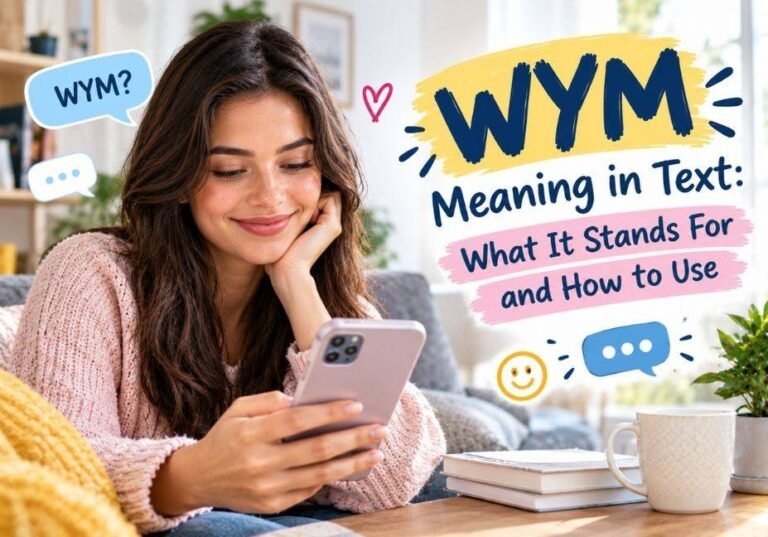 Woman smiling while reading a text message on her smartphone, with “WYM Meaning in Text: What It Stands For and How to Use” displayed in a colorful modern graphic.