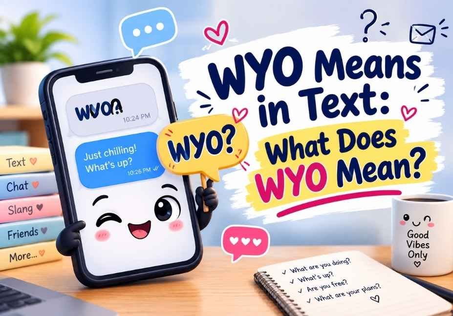 WYO means in text explained with a cute smartphone and texting conversation