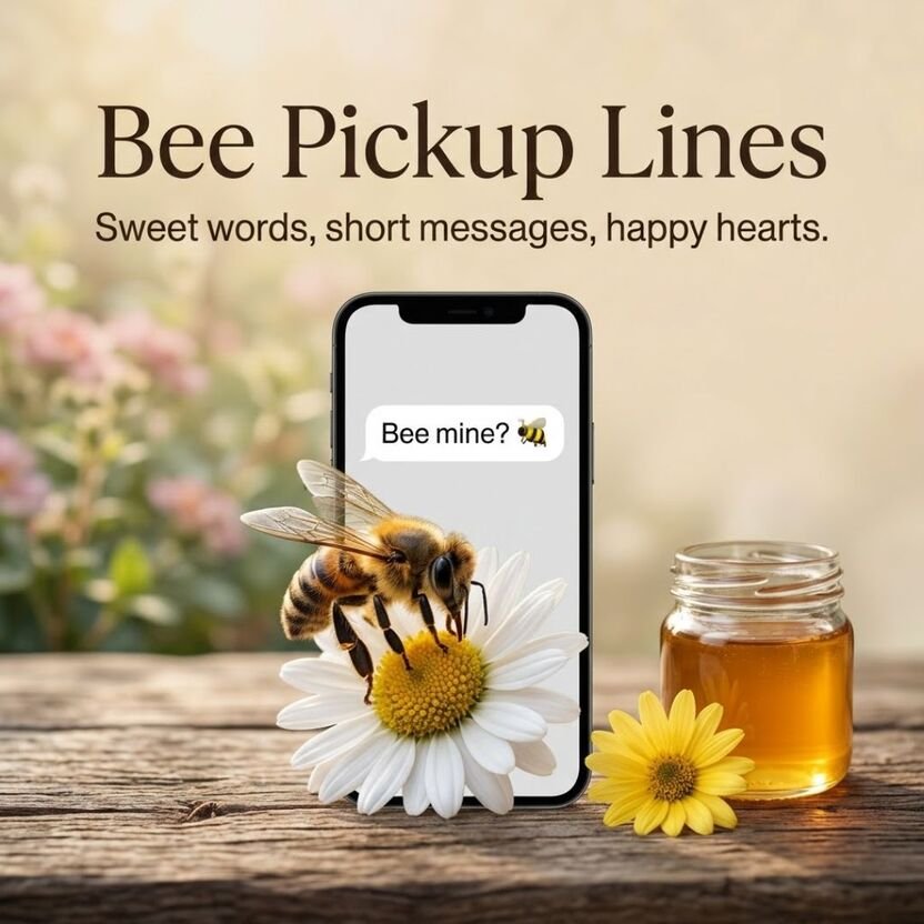 Short bee pickup lines for text messages featuring a smartphone displaying “Bee mine?” beside a honey jar and yellow flower.