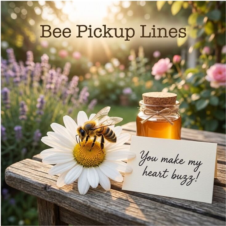 Cute bee pickup lines for your crush featuring a realistic honeybee on a white flower and a romantic “You make my heart buzz!” message.