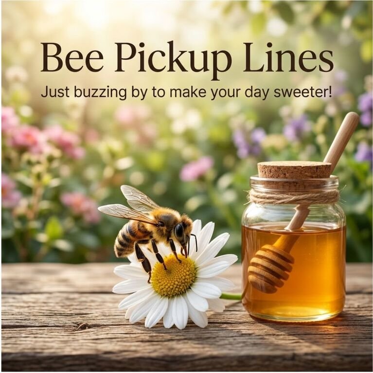 Bee pickup lines for Instagram captions featuring a realistic honeybee on a daisy with a sweet, playful message in a sunlit garden.