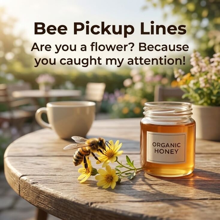Best bee pickup lines to break the ice, featuring a realistic honeybee on a yellow flower beside a honey jar and a playful conversation starter.