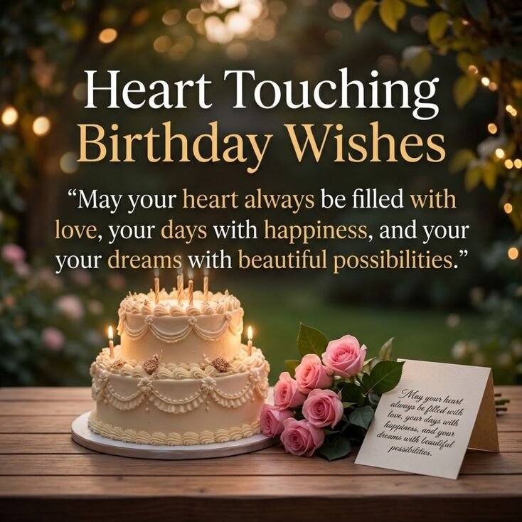 Heart Touching Birthday Wishes for Mother featuring a birthday cake, pink and white flowers, glowing candles, and a loving birthday message expressing gratitude for a mother's love.