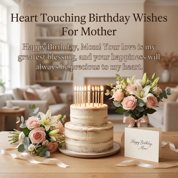 Heart Touching Birthday Wishes featuring an elegant birthday cake, glowing candles, pink roses, and a heartfelt message for someone special.