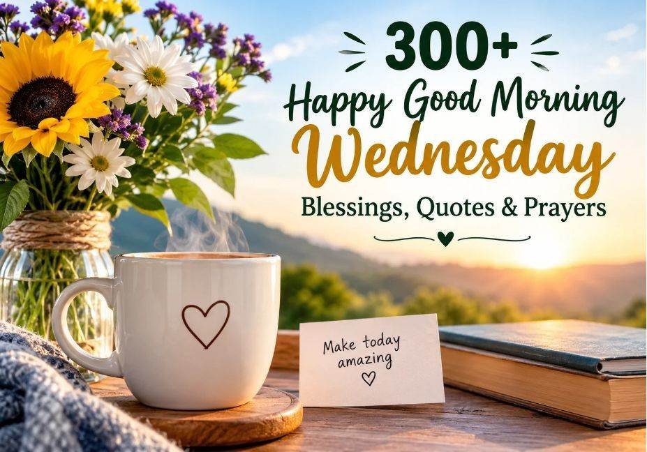 300+ Happy Good Morning Wednesday Blessings, Quotes & Prayers featured image with fresh sunflowers, a warm cup of coffee, and a beautiful golden sunrise.