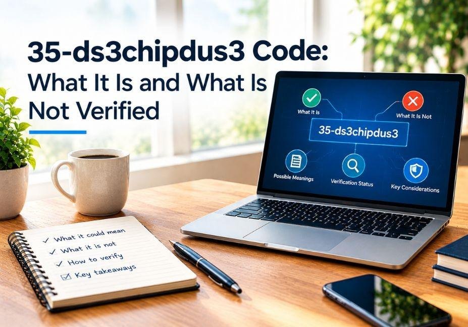 35-ds3chipdus3 code featured image showing a laptop with a digital verification diagram, possible meanings, verification status, and key considerations, illustrating what the code is and what remains unverified.