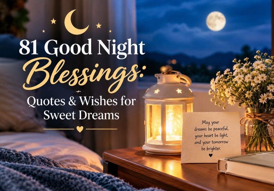 81 Good Night Blessings: Quotes and Wishes for Sweet Dreams featuring a cozy bedroom, glowing lantern, moonlit night sky, and peaceful nighttime decor.