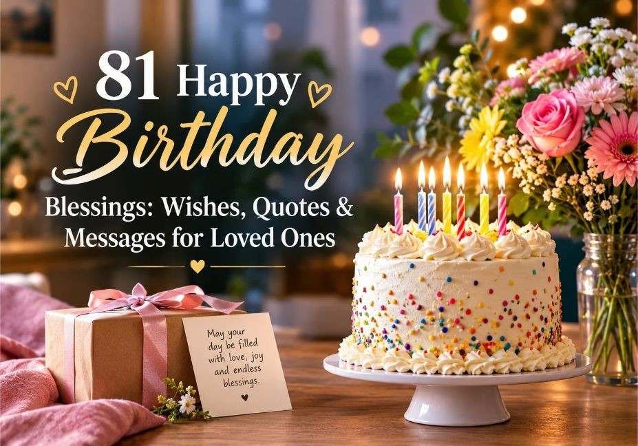 81 Happy Birthday Blessings: Wishes, Quotes & Messages for Loved Ones featuring a beautiful birthday cake with colorful candles, pink flowers, a wrapped gift, and a heartfelt blessing card.