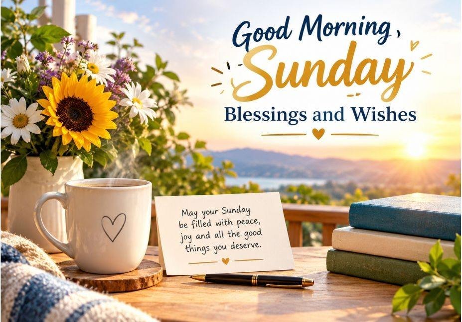 Good Morning Sunday Blessings featuring a golden sunrise, fresh sunflowers, white daisies, a steaming coffee mug, and a peaceful Sunday blessing quote.