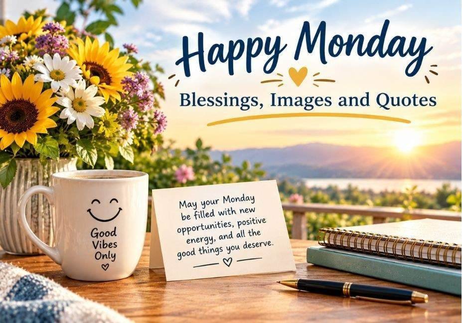 90+ Happy Monday Blessings, Images and Quotes featuring a beautiful sunrise, fresh sunflowers, a cheerful coffee mug, an inspirational Monday blessing card, and a warm, uplifting morning atmosphere.