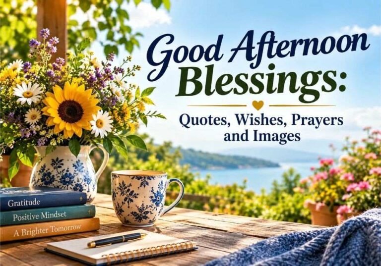 Good Afternoon Blessings: Quotes, Wishes, Prayers and Images featuring a bright sunflower bouquet, floral teacup, inspirational books, and a peaceful sunny garden view.