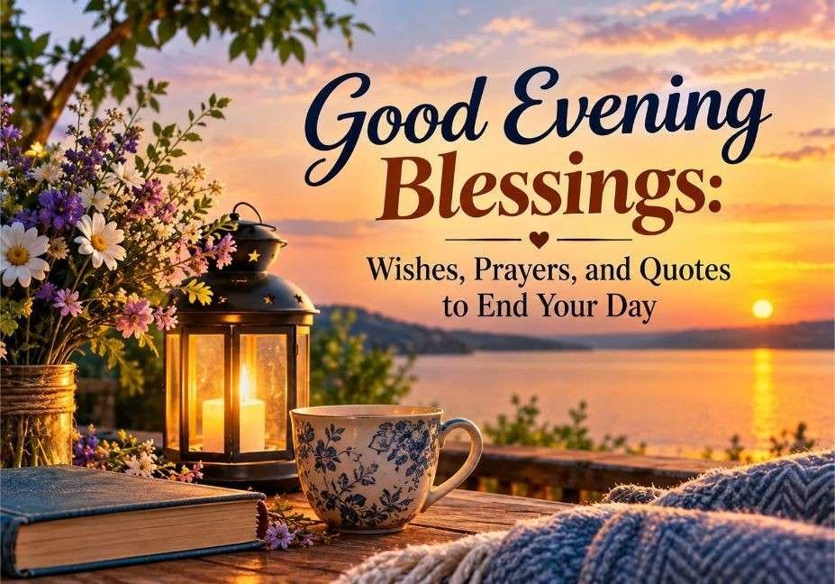 Good Evening Blessings: Wishes, Prayers, and Quotes to End Your Day featuring a glowing lantern, colorful flowers, a cozy tea cup, and a beautiful sunset over a peaceful lake.