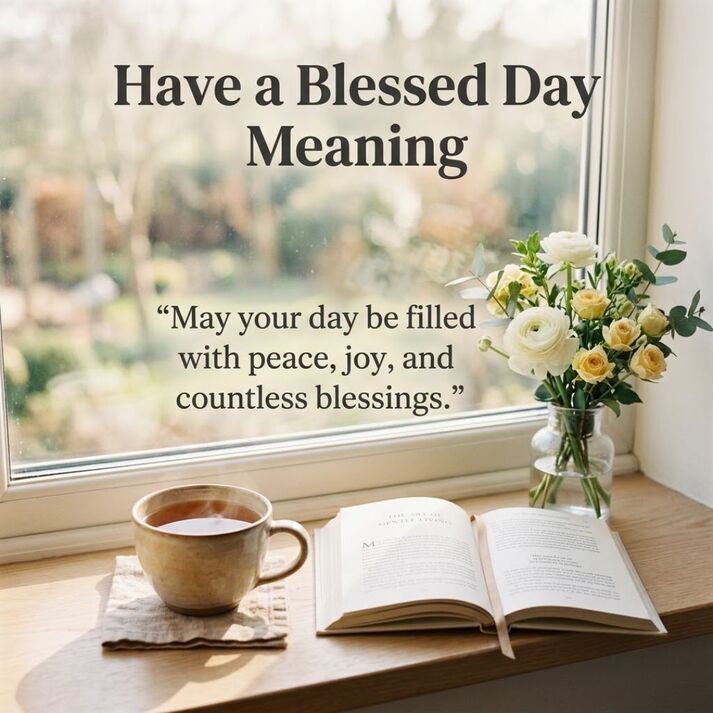 Have a Blessed Day Meaning in Simple Words explained through a peaceful morning scene with a heartfelt message of happiness and blessings.