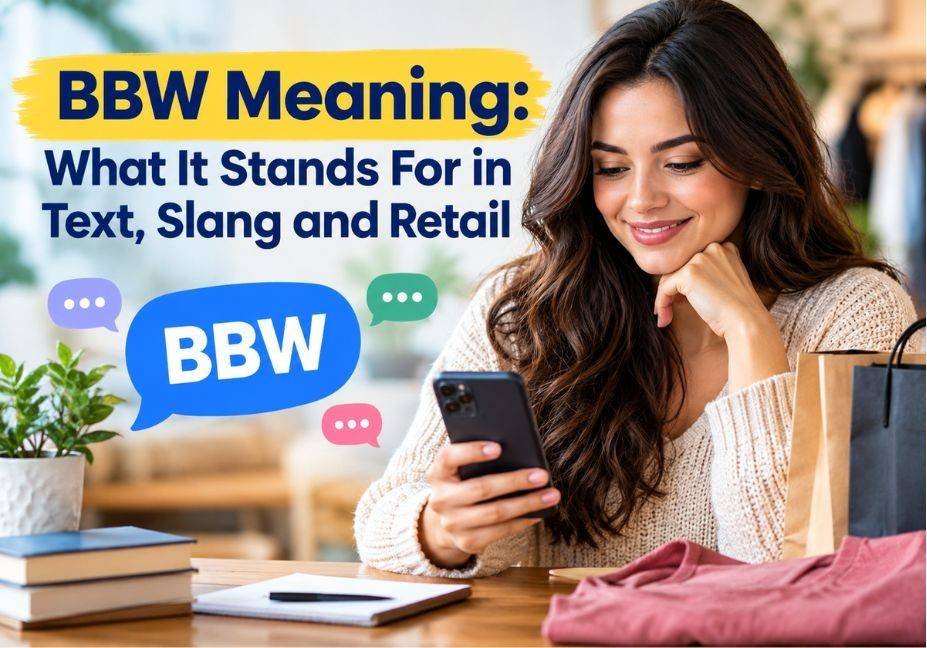 BBW meaning explained in text, slang, and retail, featuring a woman using a smartphone with BBW chat bubbles and shopping items.