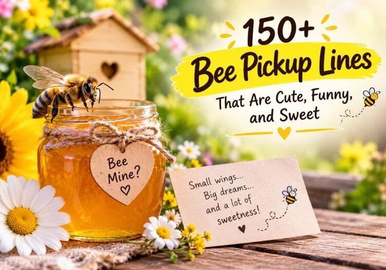 Bee Pickup Lines: Cute and funny bee pickup lines featuring a honey jar, a realistic honeybee, and a heart-shaped “Bee Mine” tag in a beautiful spring garden.