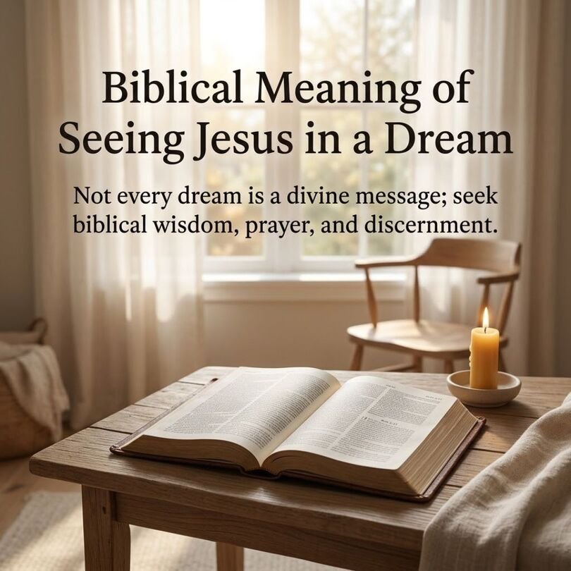 Biblical Meaning of Seeing Jesus in a Dream with an open Bible and sunlight on a wooden desk, representing Scripture, prayer, faith, and biblical guidance.