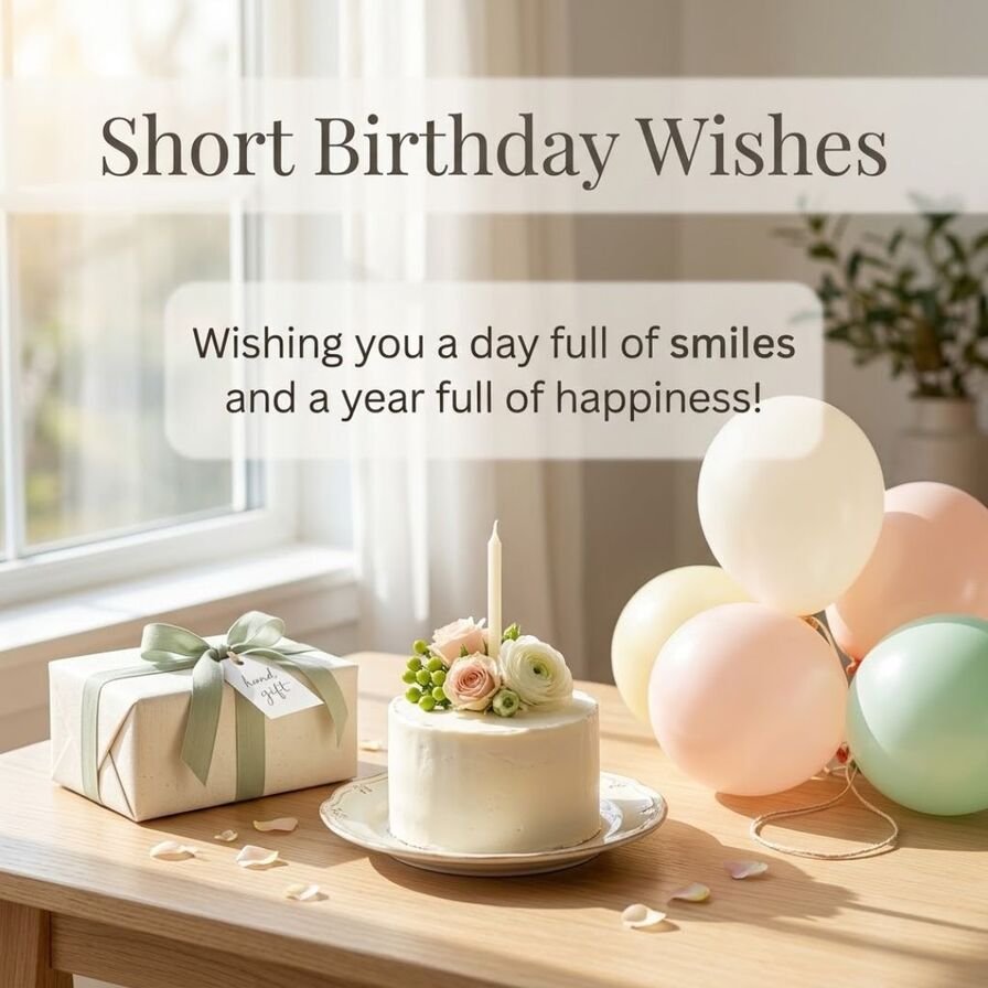 Short birthday wishes featuring a beautiful birthday cake, wrapped gift, fresh flowers, and a heartfelt birthday greeting for friends and loved ones.