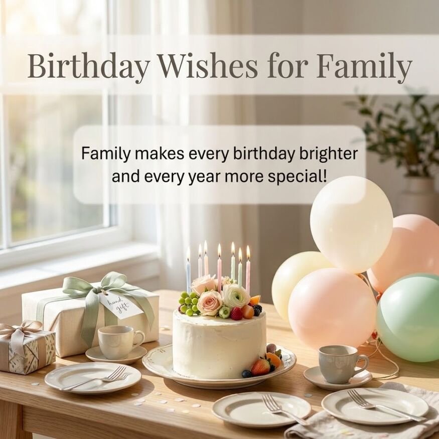 Birthday wishes for family featuring a birthday cake, candles, wrapped gifts, and a warm family celebration with loving birthday greetings for parents, siblings, and relatives.