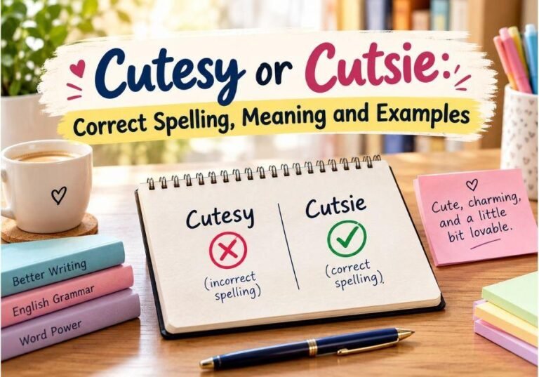 Cutesy or Cutsie spelling comparison featuring the correct spelling, meaning, and examples on a notebook with colorful stationery and a cozy study d