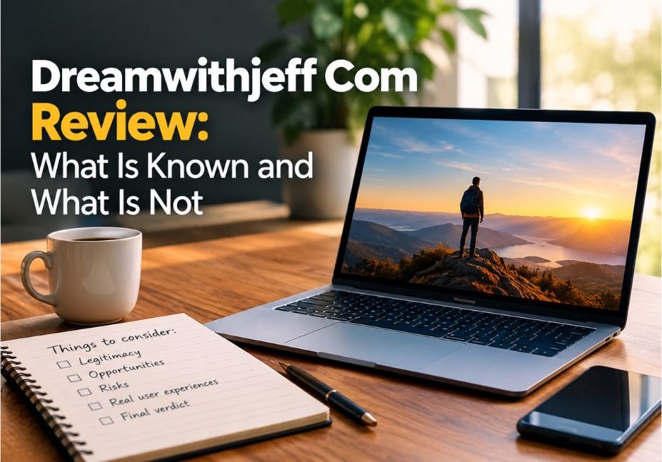 Dreamwithjeff Com review – what is known and what is not, featuring a laptop, notebook, and workspace for evaluating the website’s credibility.