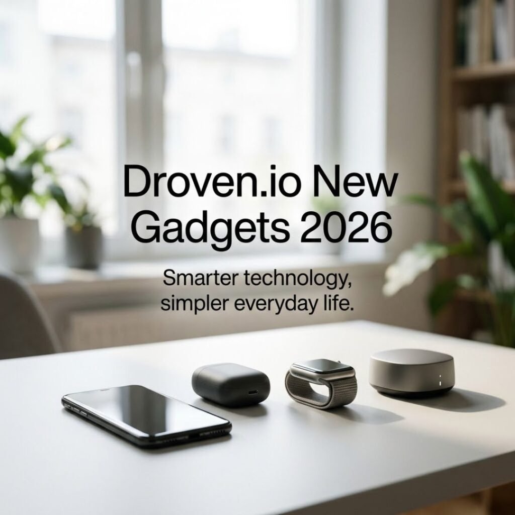 Realistic 2026 technology workspace featuring Droven.io New Gadgets 2026, including a smartphone, smartwatch, wireless earbuds, and smart home device with a modern tech message.