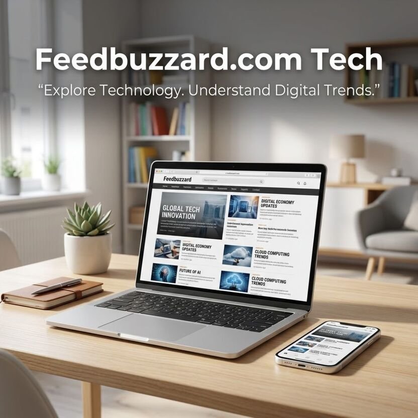 Feedbuzzard.com Tech exploring technology news, digital trends, and online innovations through a laptop and smartphone in a modern workspace.