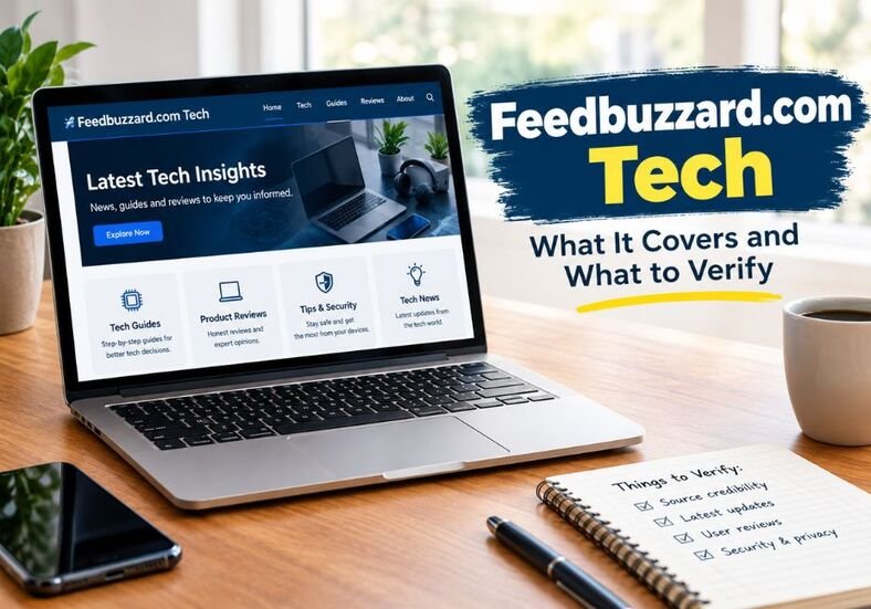 Feedbuzzard.com Tech: What It Covers and What to Verify — a high-quality featured image showing a laptop with technology guides, product reviews, tech news, and online safety information.