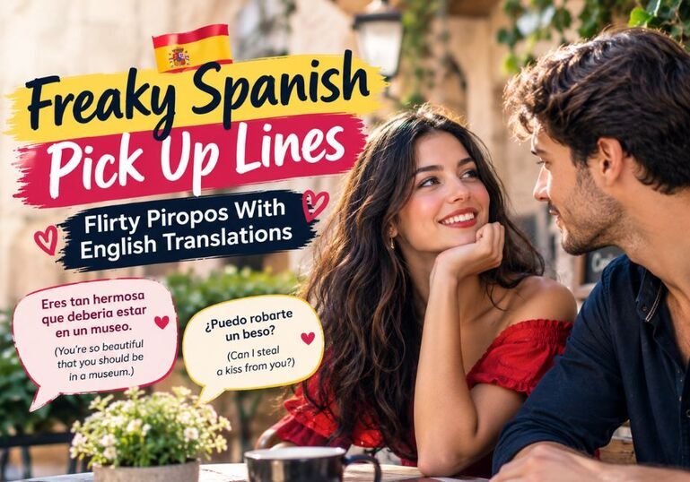 Freaky Spanish pick up lines graphic with flirty piropos and English translations, showing a smiling couple at a cafe table.