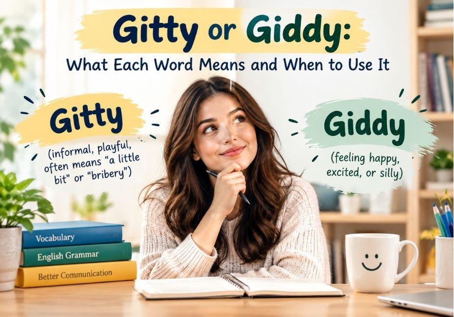 Gitty or Giddy: What Each Word Means and When to Use It — English vocabulary comparison featuring the meanings of “Gitty” and “Giddy” with a student studying grammar at a desk.