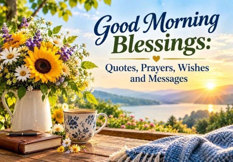 Good Morning Blessings: Quotes, Prayers, Wishes and Messages featuring a beautiful sunrise over a peaceful lake, sunflowers, white daisies, a floral teacup, and a cozy morning setting.