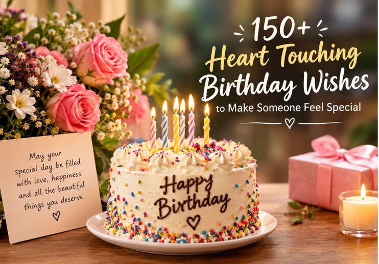 Heart Touching Birthday Wishes: A beautiful birthday cake with colorful candles, pink roses, and a heartfelt greeting card filled with warm birthday wishes.