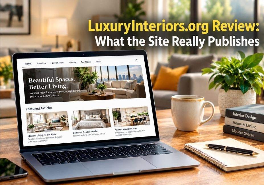 LuxuryInteriors.org review featured image showing a laptop displaying an interior design website with luxury living room ideas, bedroom inspiration, and modern home decor articles.