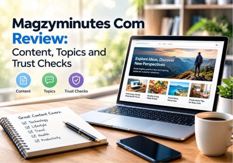 Magzyminutes Com review featured image showing a laptop displaying a magazine-style website with technology, lifestyle, travel, and health articles, highlighting content coverage, topics, and trust checks.