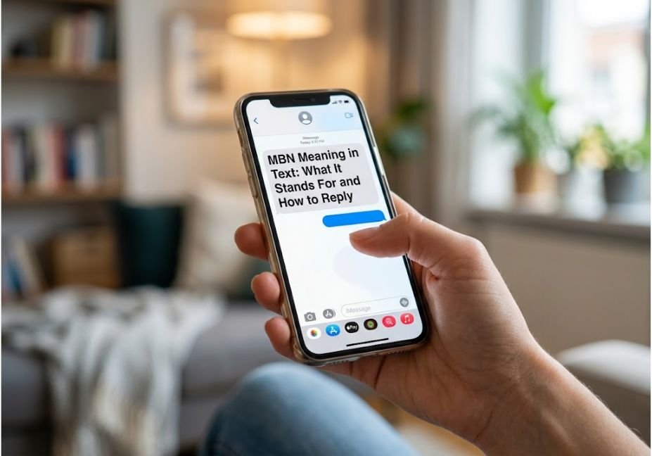 A person holding a smartphone displaying a text message titled "MBN Meaning in Text: What It Stands For and How to Reply".