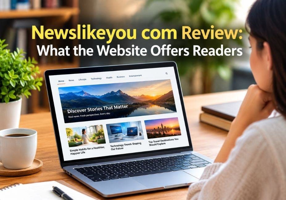 Newslikeyou com review featured image showing a reader exploring a news website on a laptop, with articles about technology, health, lifestyle, and travel.