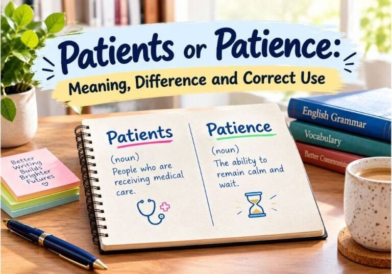 Patients or Patience: meaning, difference, and correct usage explained with a notebook comparing patients receiving medical care and patience as the ability to remain calm and wait.