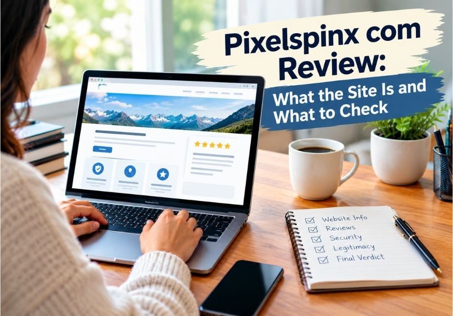 Woman reviewing Pixelspinx com on a laptop with a checklist for website info, security, and legitimacy.