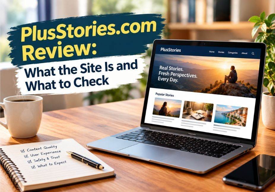 PlusStories.com review showing a laptop website, review checklist, and key factors to check before using the site.