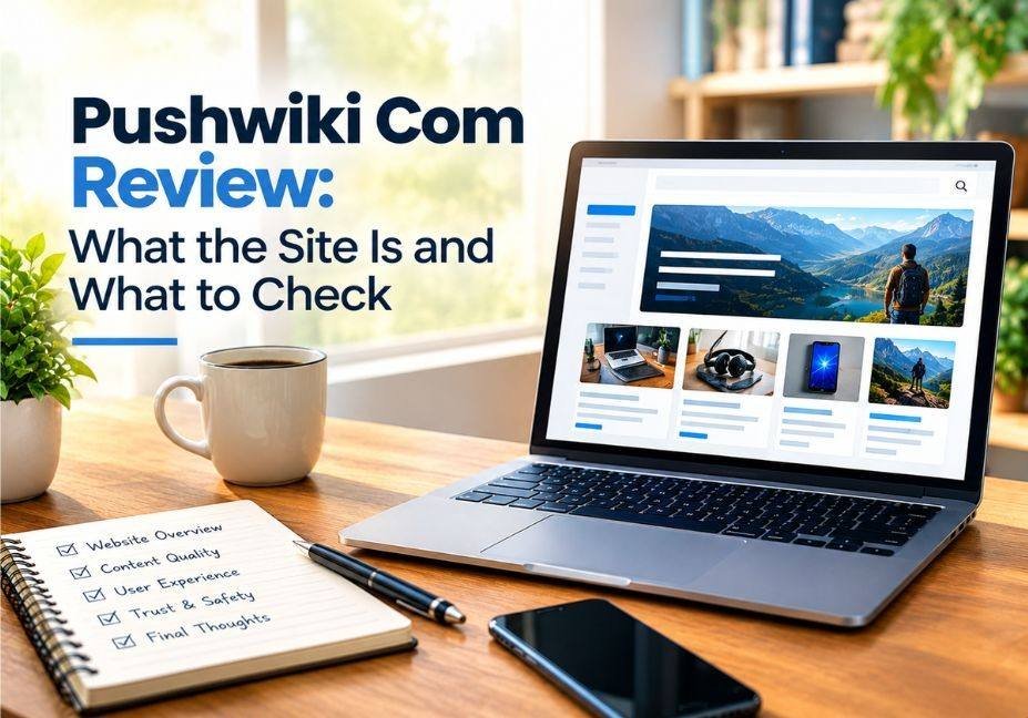Pushwiki Com review featured image showing a laptop displaying a website interface alongside a checklist notebook, smartphone, and coffee on a modern workspace, illustrating website content, quality, user experience, and trust checks.