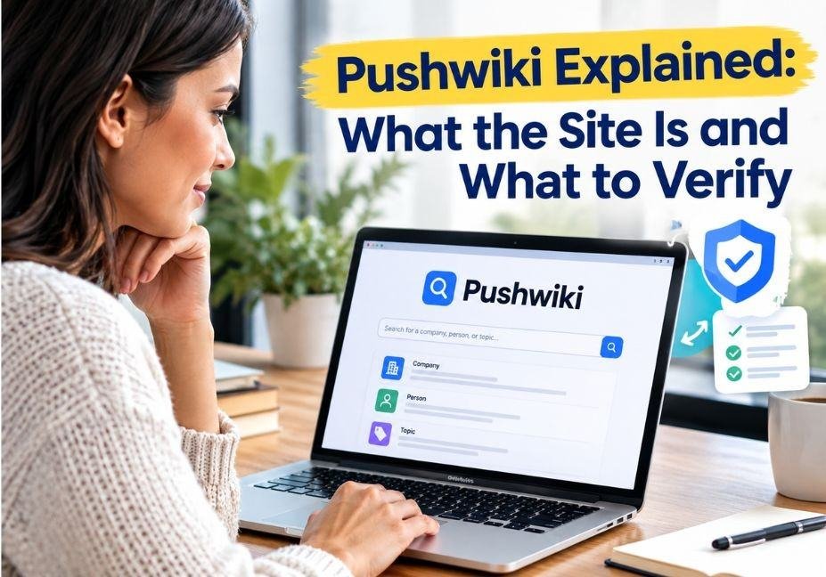 Woman using a laptop to explore Pushwiki, with search results, verification icons, and a checklist illustrating what the site is and what information to verify