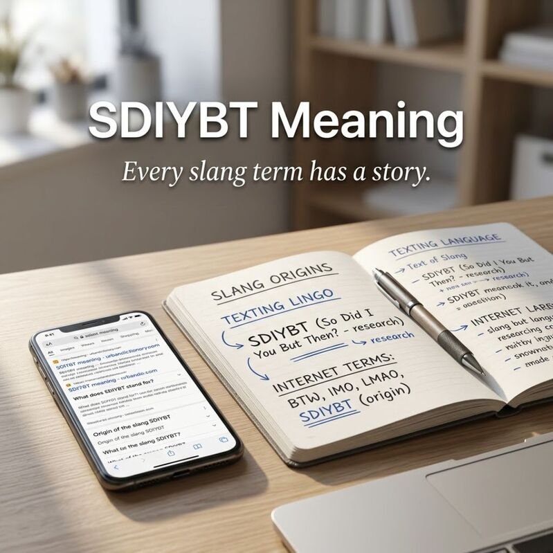 SDIYBT Meaning and origin represented by a realistic smartphone and research notes about the slang term’s background and usage.