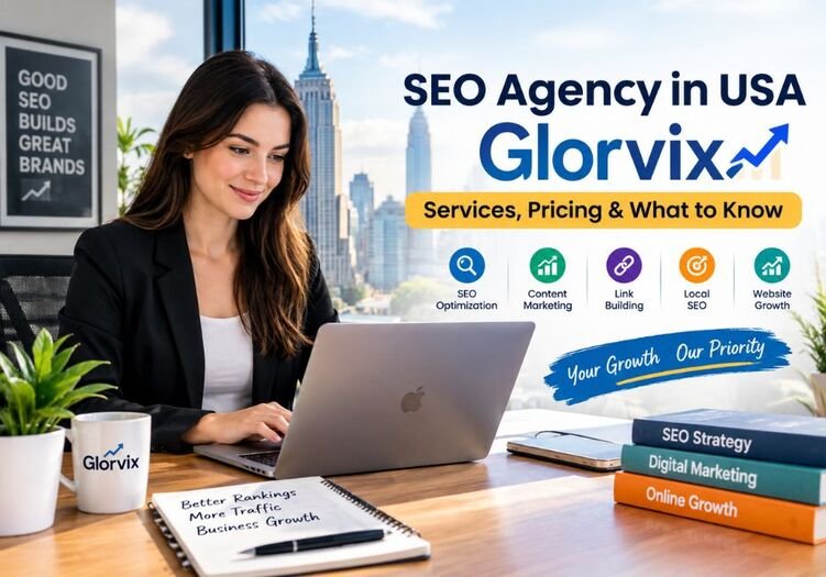 SEO Agency in USA Glorvix professional marketing banner featuring SEO services, digital growth strategies, and a modern business workspace.