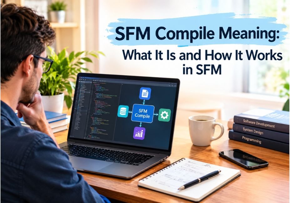 Developer working on a laptop with code and an SFM Compile flowchart, illustrating SFM Compile meaning and how it works in SFM.