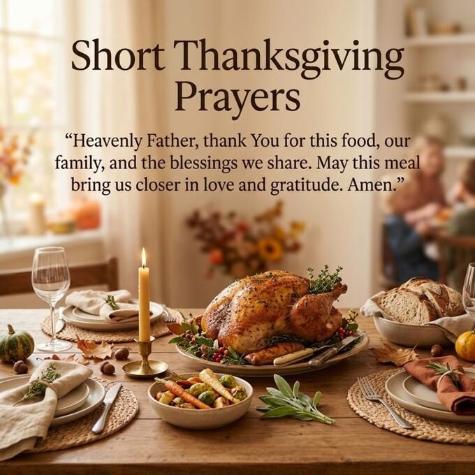 Short Thanksgiving Prayers for friends and guests featuring a warm autumn dining table, candlelight, seasonal flowers, and a heartfelt prayer for gratitude and togetherness.
