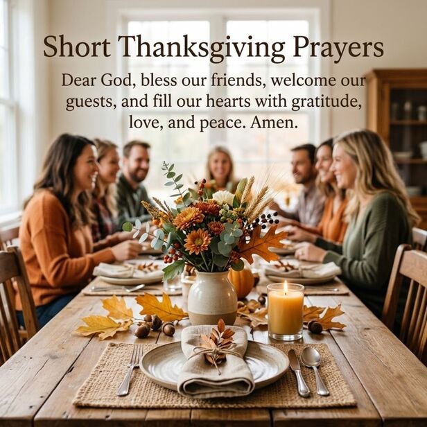 Short Thanksgiving Prayers for dinner with a traditional roasted turkey, autumn table setting, and a heartfelt blessing thanking God for food, family, and gratitude.