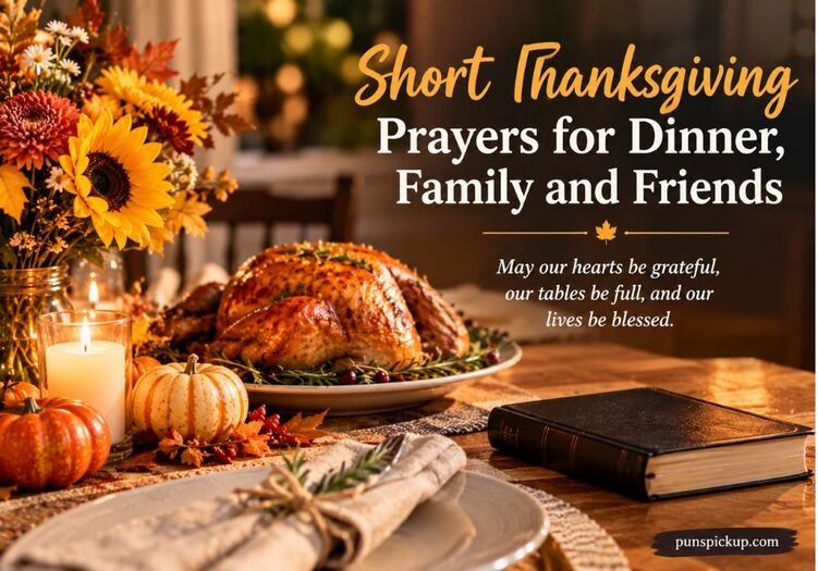 Short Thanksgiving Prayers for Dinner, Family and Friends featuring a roasted Thanksgiving turkey, autumn flowers, pumpkins, glowing candles, and a Bible on a beautifully decorated dinner table.