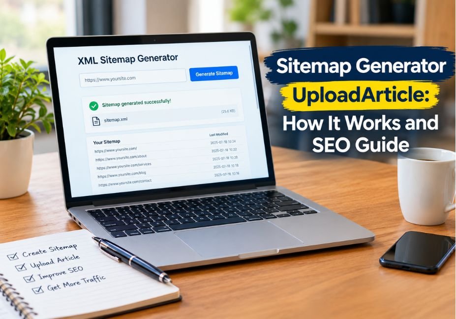 Sitemap Generator UploadArticle guide featuring an XML sitemap tool on a laptop, SEO checklist, and professional desk setup